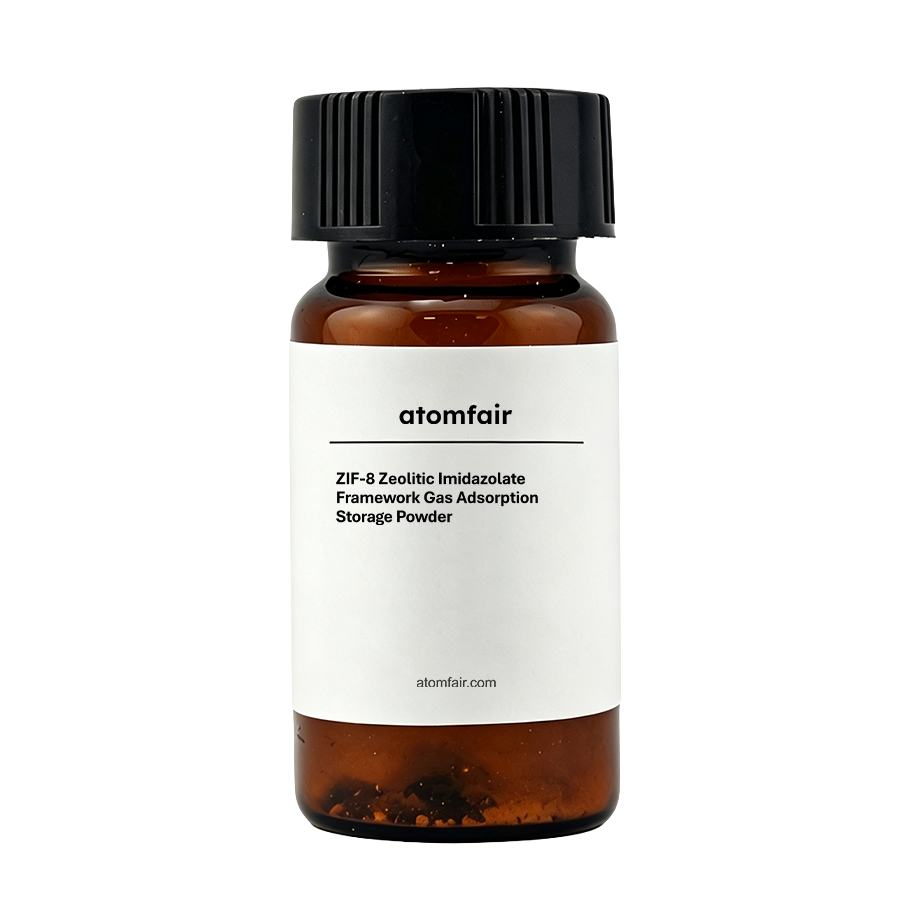 ATOMFAIR® high purity zinc-based metal-organic framework MOF powder, white porous crystalline material featuring optimized alkaline resistance and acid sensitive structural dissolution